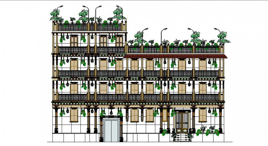 Green building hotel detail elevation drawing in dwg AutoCAD file.