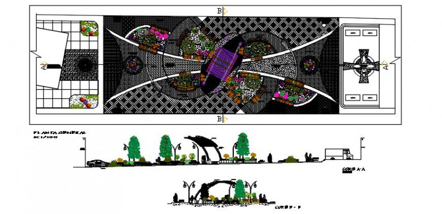 Green park gate section and landscaping structure drawing details dwg file