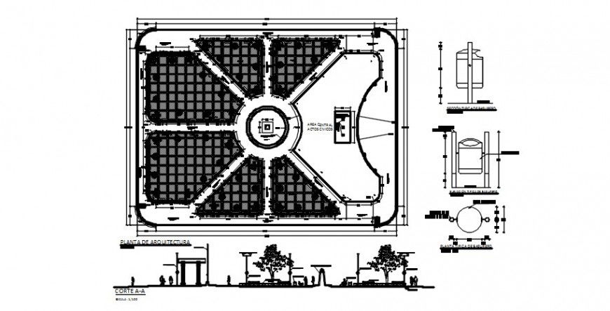 Green plaza park section and landscaping structure drawing details dwg file