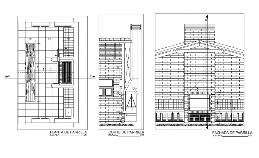 Grill and roof structure detail elevation 2d view layout autocad file