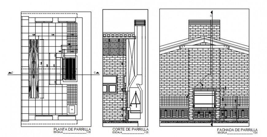 Grill kitchen elevation, section, plan and structure details dwg file