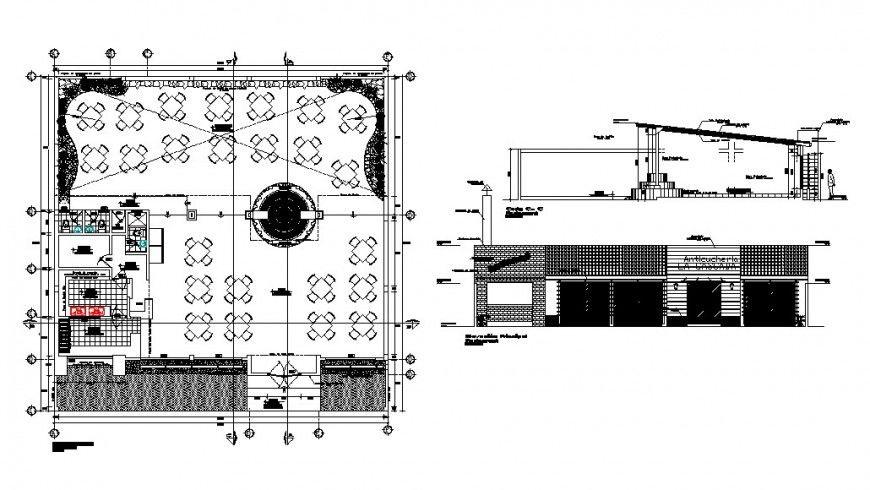 Grill restaurant elevation, section and distribution plan cad drawing details dwg file