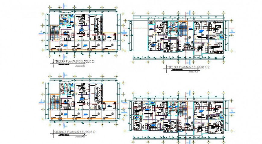 Ground, first, second, third and terrace floor plan details for apartment building dwg file
