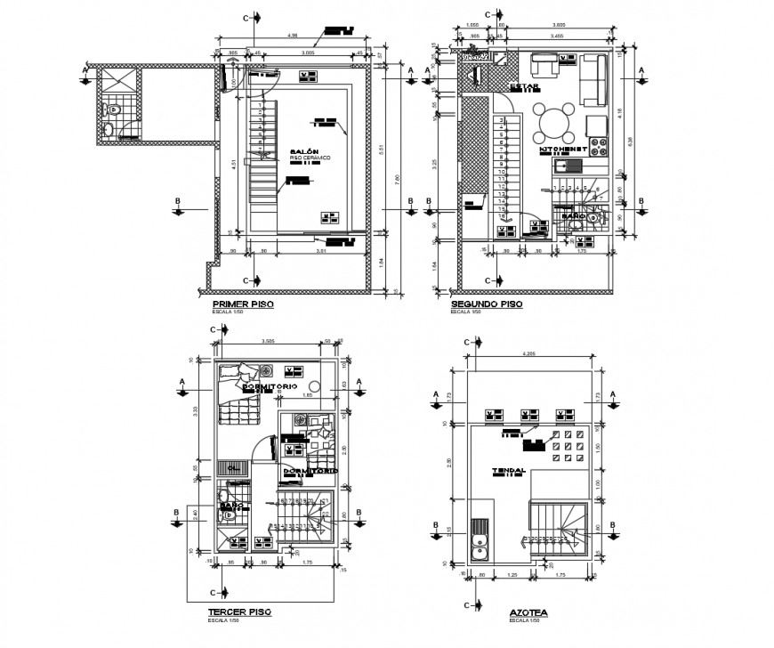 Ground, first, second and terrace floor plan details of residential house dwg file