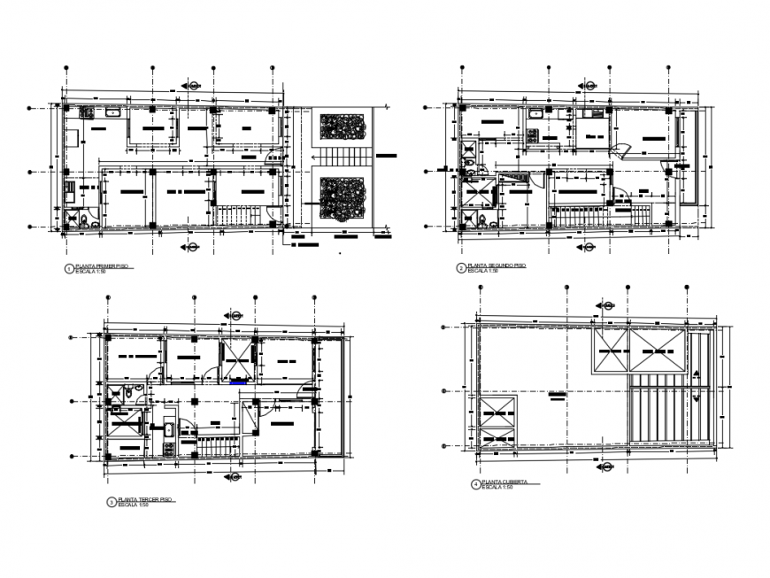 Ground, first, second floor plan layout details with terrace of house cad drawing details dwg file