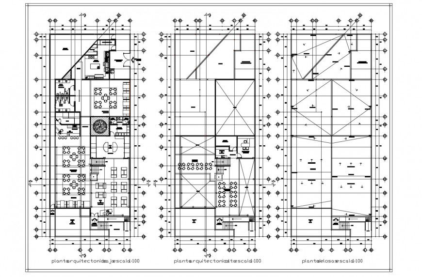Ground, first and second floor distribution plan details of hotel building dwg file