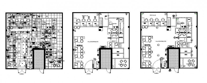 Ground, first and second floor distribution plan details of office building dwg file