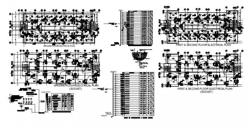 Ground, first and second floor electrical plan and installation details dwg file