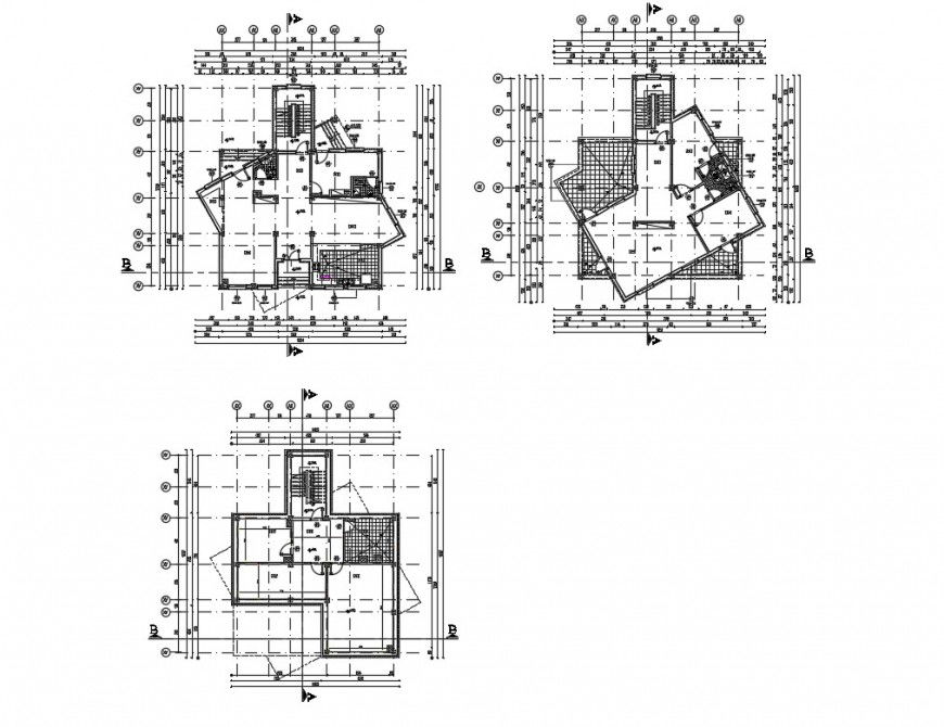 Ground, first and second floor framing plan details of villa dwg file