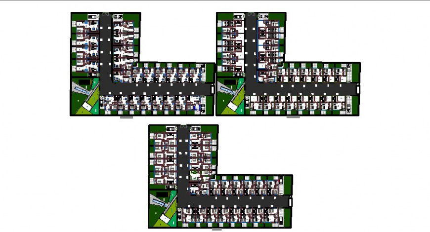 Ground, first and second floor layout plan details of apartment building dwg file
