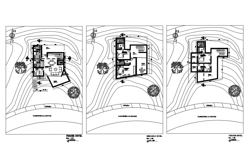 Ground, first and second floor layout plan details of house dwg file