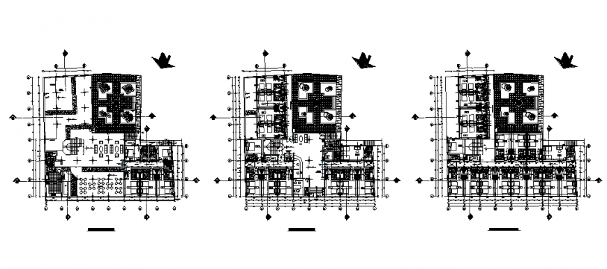 Ground, first and second floor layout plan details of luxuries hotel dwg file