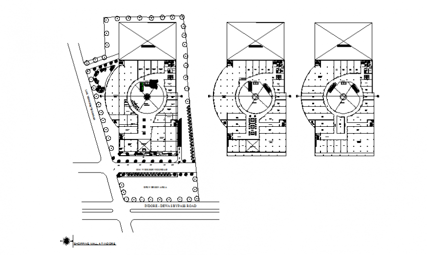 Ground, first and second floor layout plan details of shopping mall building dwg file