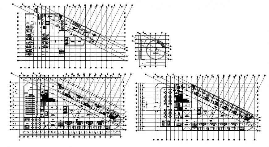 Ground, first and second floor layout plan drawing details of hotel building dwg file