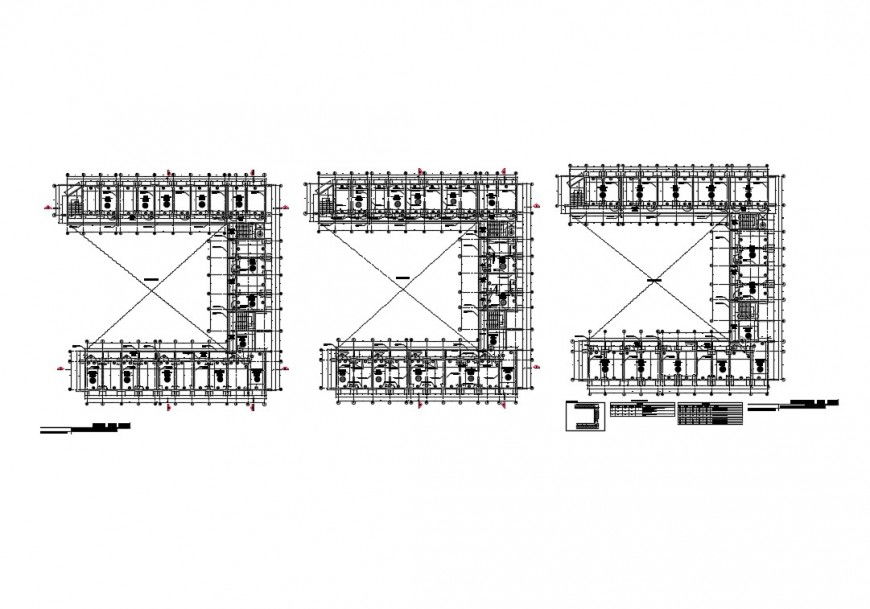 Ground, first and second floor plan details of college building dwg file
