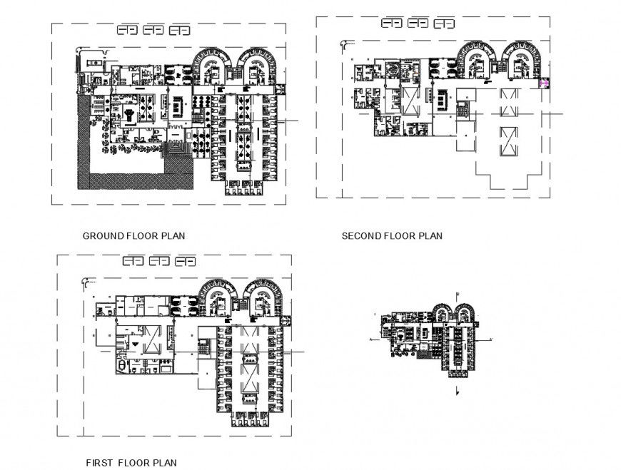 Ground, first and second floor plan details of general hospital dwg file