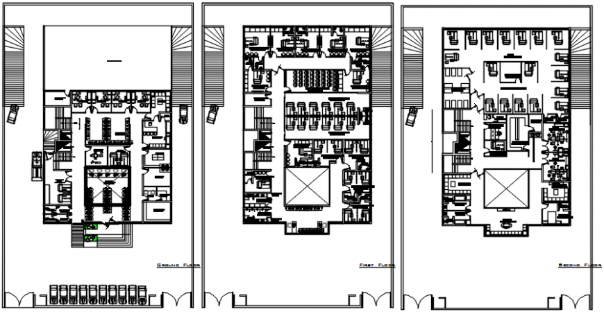 Ground, first and second floor plan details of hospital cad drawing details dwg file