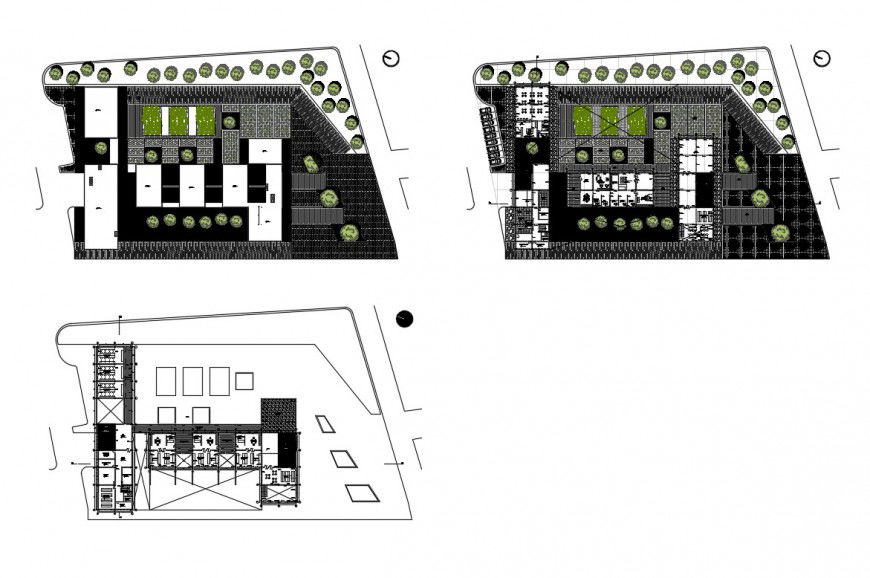 Ground, first and second floor plan details of investigation center building dwg file
