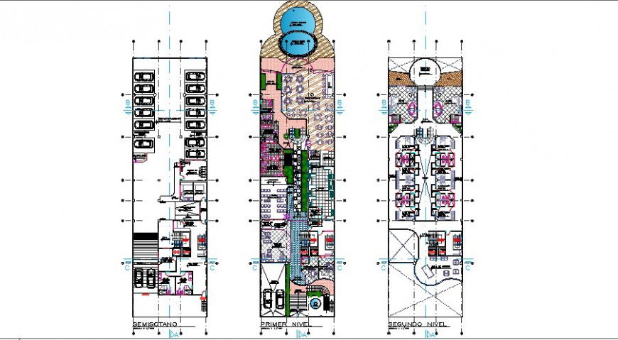 Ground, first and second floor plan details of luxuries hotel building dwg file