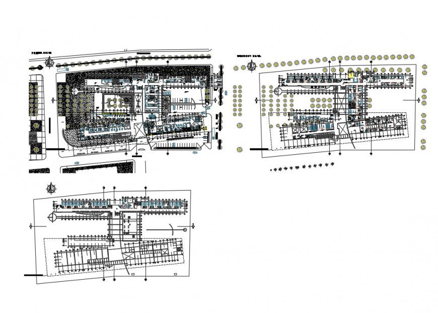 Ground, first and second floor plan details of multi-specialist hospital dwg file