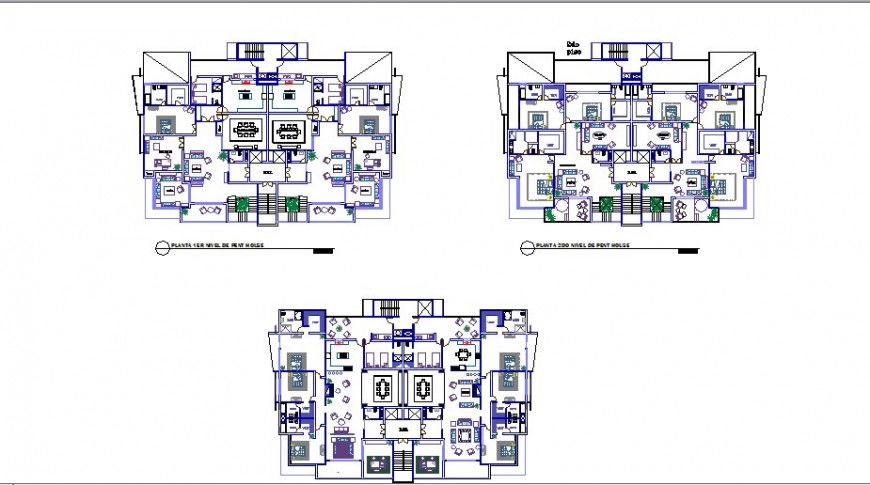 Ground, first and second floor plan details of multi-story apartment building dwg file