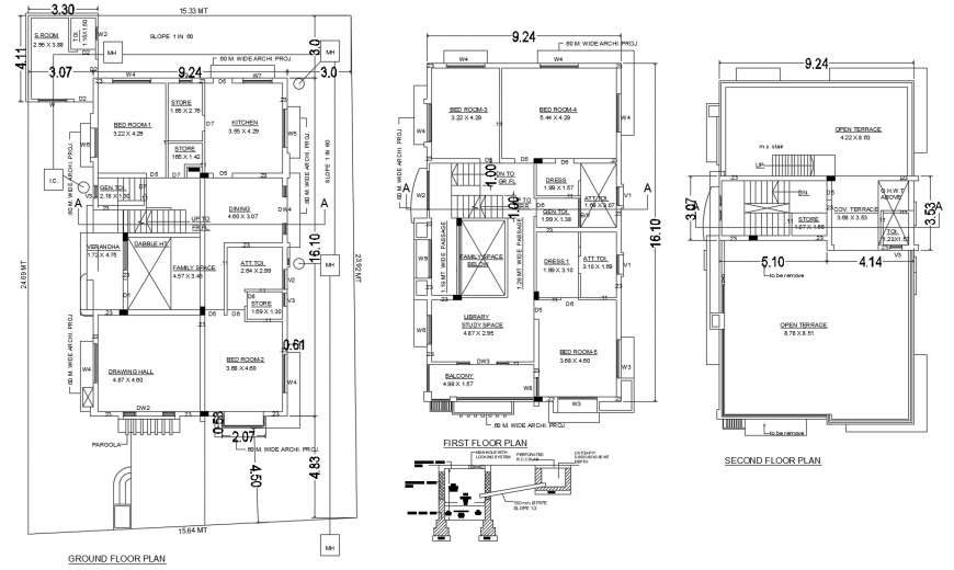 Ground, first and second floor plan details of one family residential house dwg file