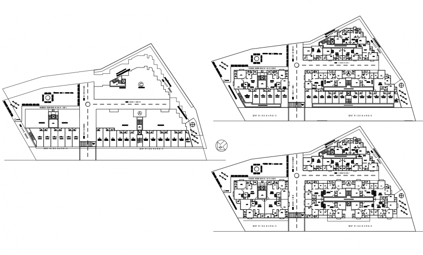 Ground, first and second floor plan details of residential apartment building dwg file