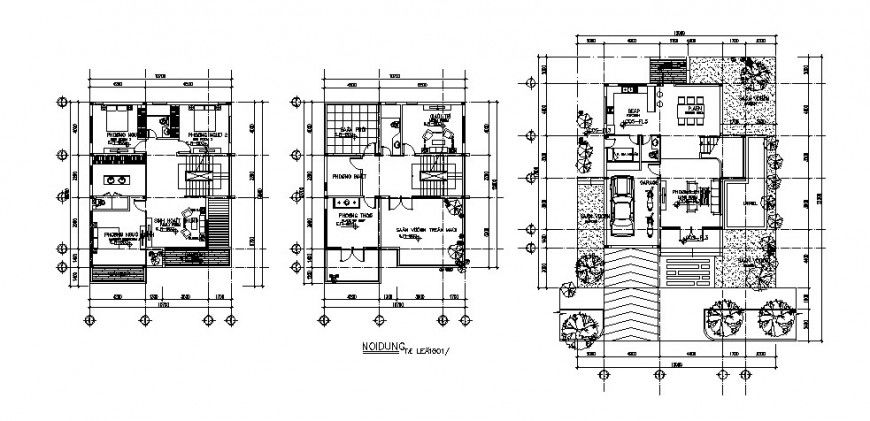 Ground, first and second floor plan details of residential house dwg file
