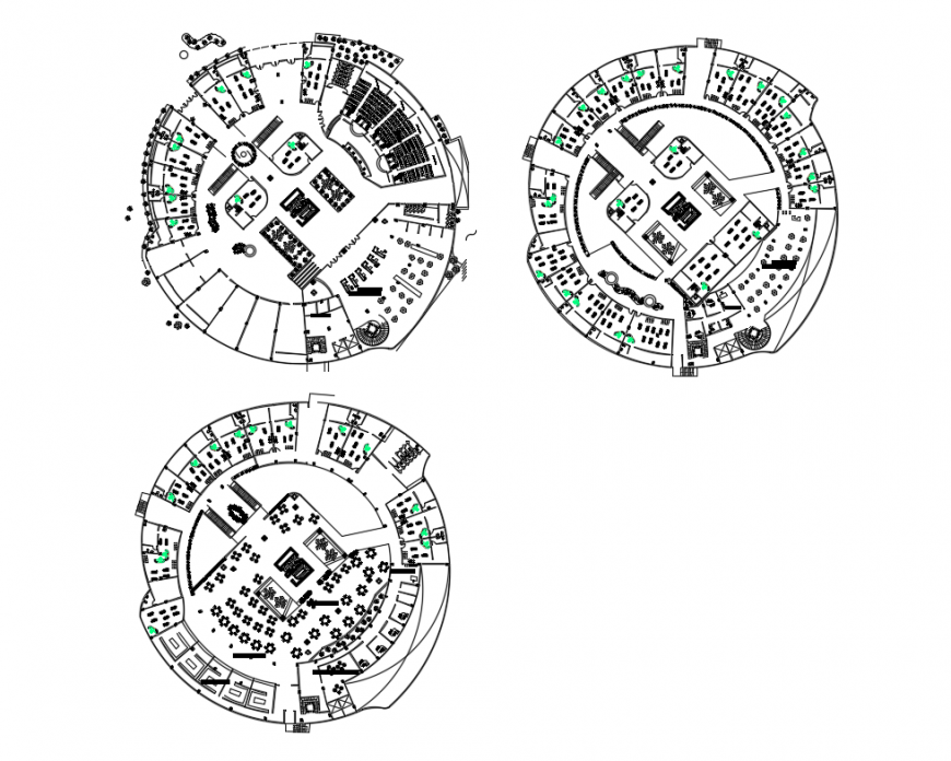 Ground, first and second floor plan details of shopping mall dwg file