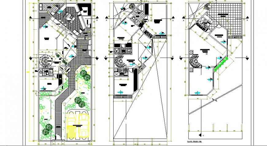Ground, first and terrace floor layout plan details of residential house dwg file