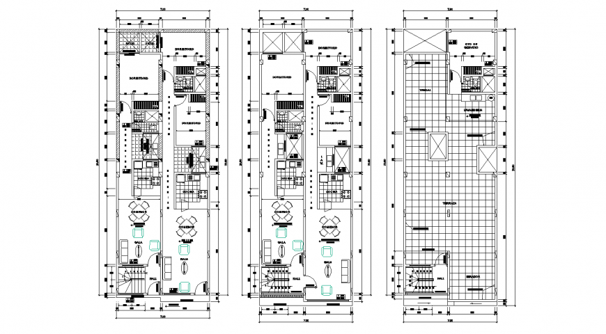 Ground, first and terrace floor plan details of house building dwg file
