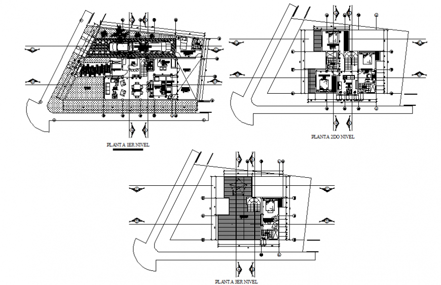 Ground, first and terrace floor plan details of one family house dwg file