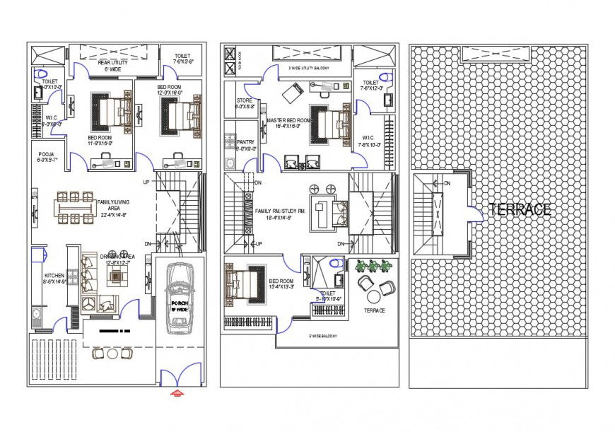 Ground, first and terrace floor plan details of single family house cad drawing details dwg file