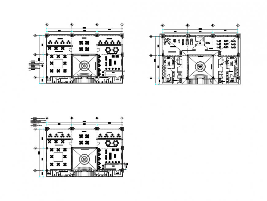 Ground, first and top floor layout plan details of club house dwg file