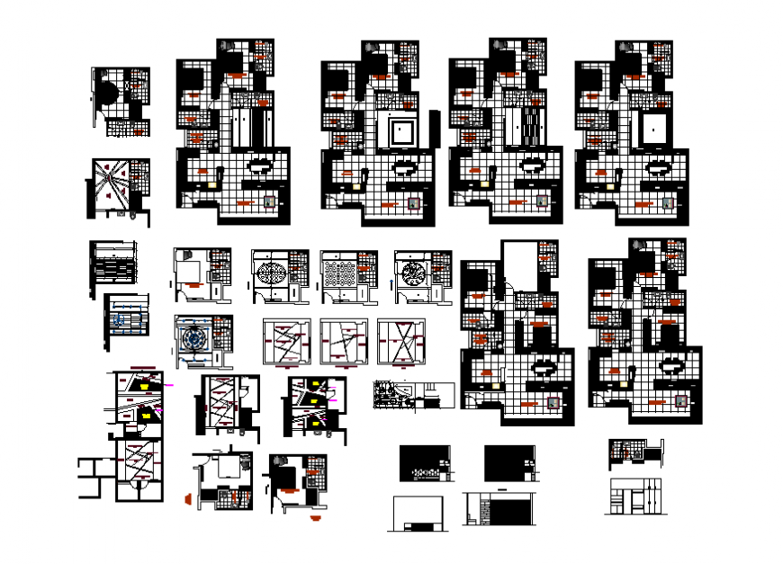 Ground, first and top floor layout plan details of house building dwg file