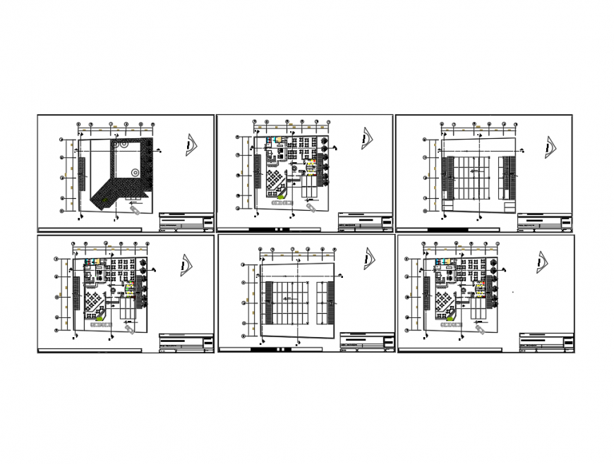 Ground, first and top floor layout plan details of restaurant with bar cad drawing details dwg file