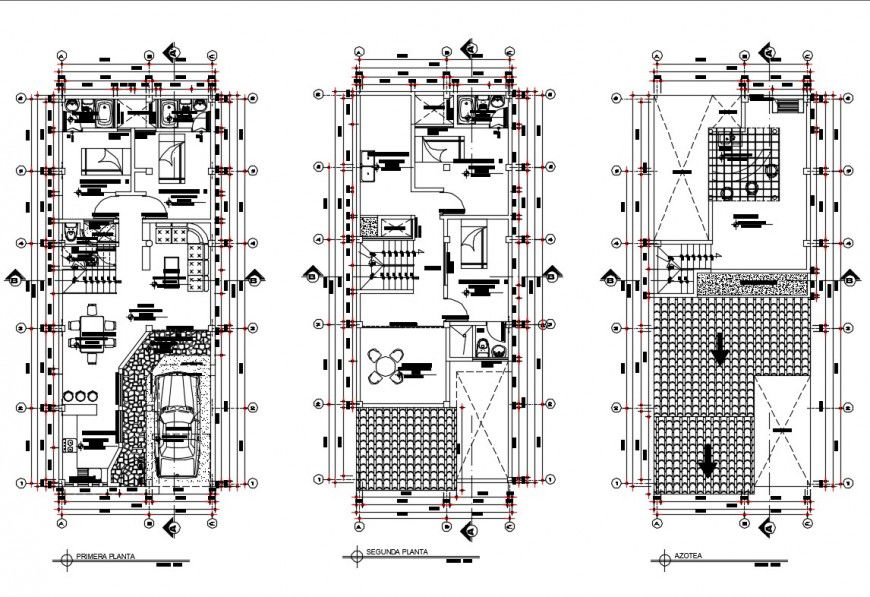 Ground, first and top floor layout plan details of three story house dwg file