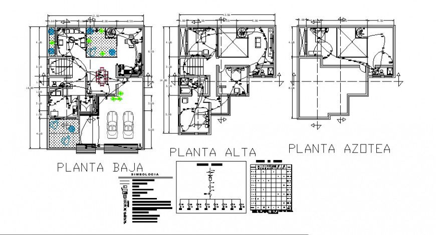 Ground, first and top floor of house plan and electrical plan cad drawing details dwg file