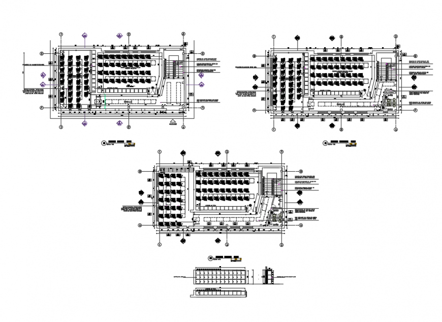 Ground, first and top floor plan details of corporate office building dwg file