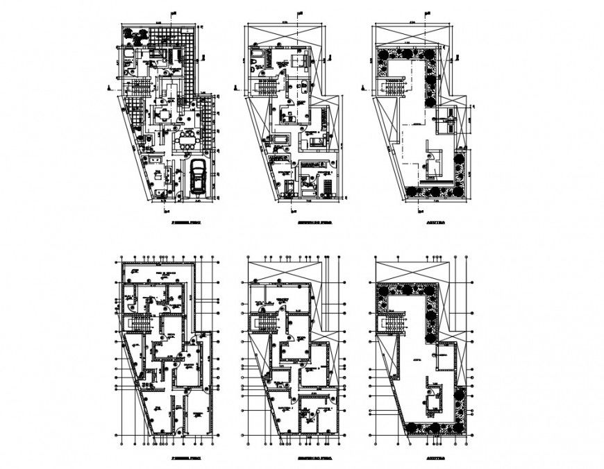 Ground, first floor and second floor plan details of house with framing plan dwg file