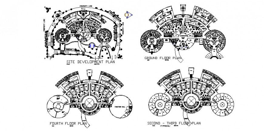 Ground, second, third, fourth and side development plan details of hospital dwg file