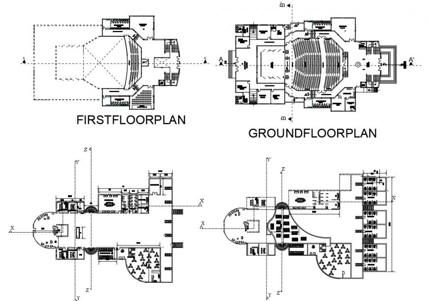 Ground, first, second and third floor plan details of civic center ...