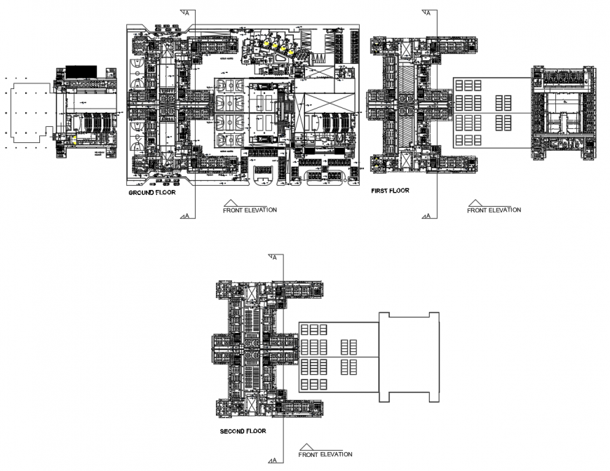 Ground, first and second floor layout plan details of multi-story ...