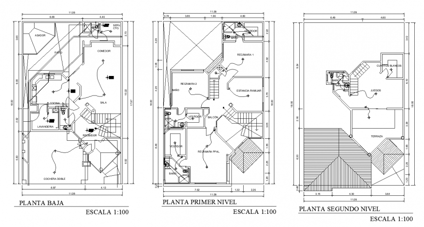 Ground , first and third floor plan of house in dwg file.