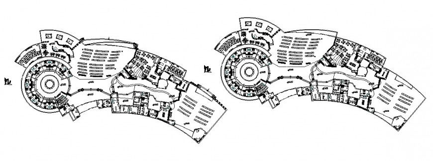 Ground and first floor distribution details for hotel building dwg file