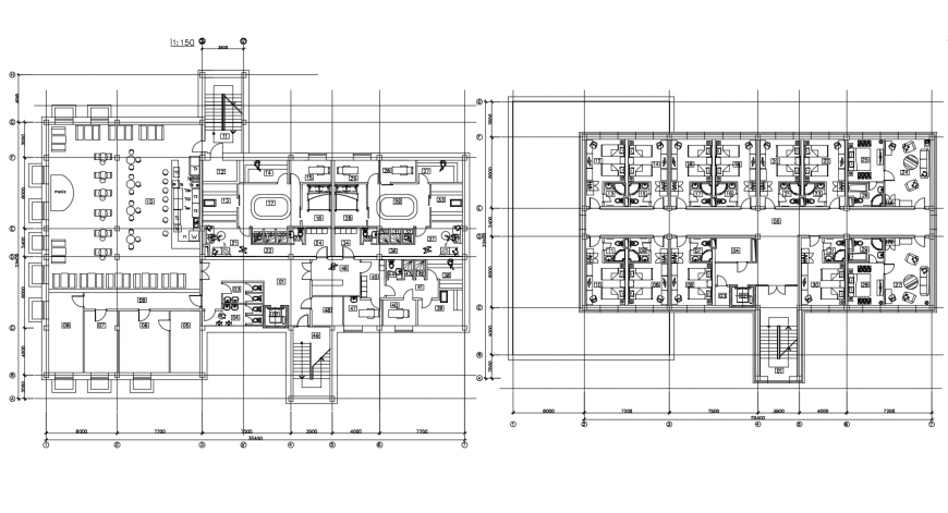 Ground and first floor distribution details of hotel building dwg file