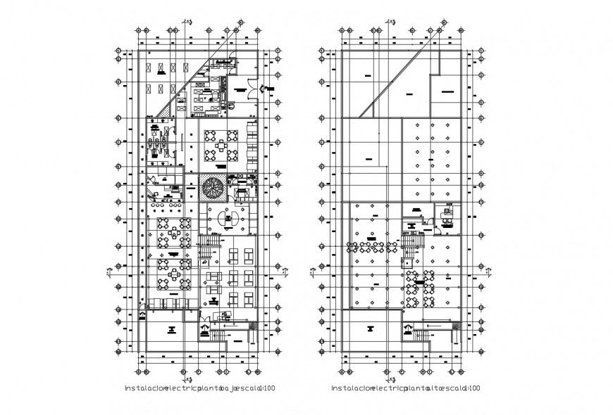 Ground and first floor distribution layout plan details of hotel building dwg file