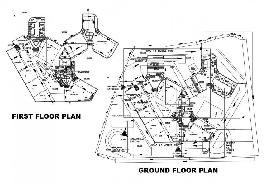 Ground and first floor distribution layout plan details of residential building dwg file