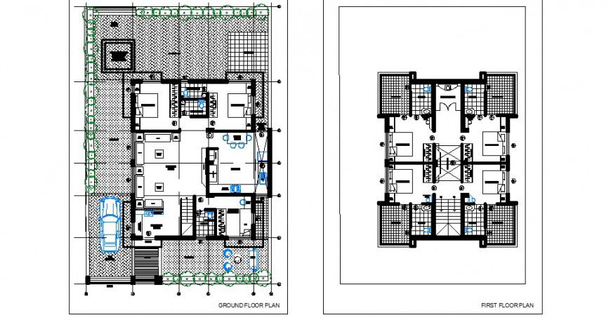 Ground and first floor distribution plan details of luxuries villa dwg file