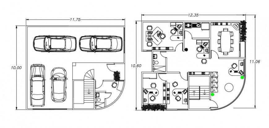 Ground and first floor distribution plan details of office tower building dwg file